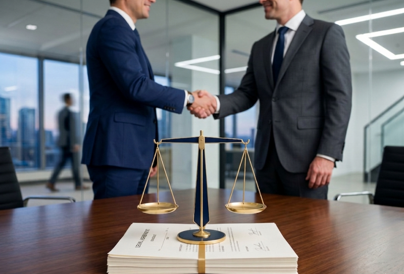 Fotografia com temática jurídica e corporativa. Em primeiro plano e em foco, sobre uma mesa de madeira escura, há uma espessa pilha de documentos impressos. Repousando sobre os papéis, destaca-se uma balança da justiça com design moderno, possuindo pratos dourados e a estrutura central em azul marinho com contornos em ouro. Ao fundo, ligeiramente desfocados, dois homens vestindo ternos escuros e gravata fecham um acordo com um aperto de mão firme. Eles estão em um escritório moderno, bem iluminado e com paredes de vidro. O clima da imagem transmite seriedade, cooperação e a concretização de um objetivo legal.